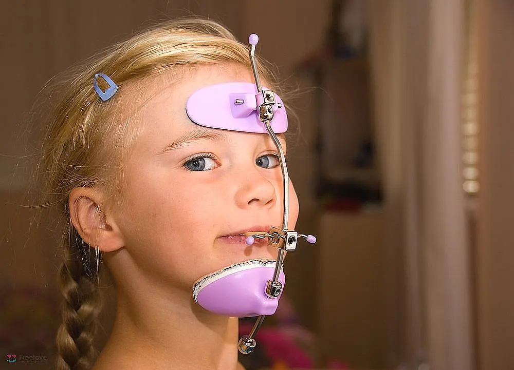 A girl wearing purple Reverse Pull Headgear Braces in Kent & Sammamish, WA