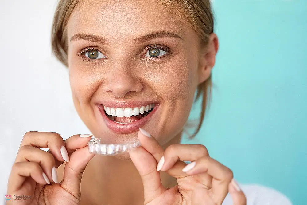 a woman smiling while holding invisalign clear aligners after considering aligners vs braces in kent and sammamish, wa