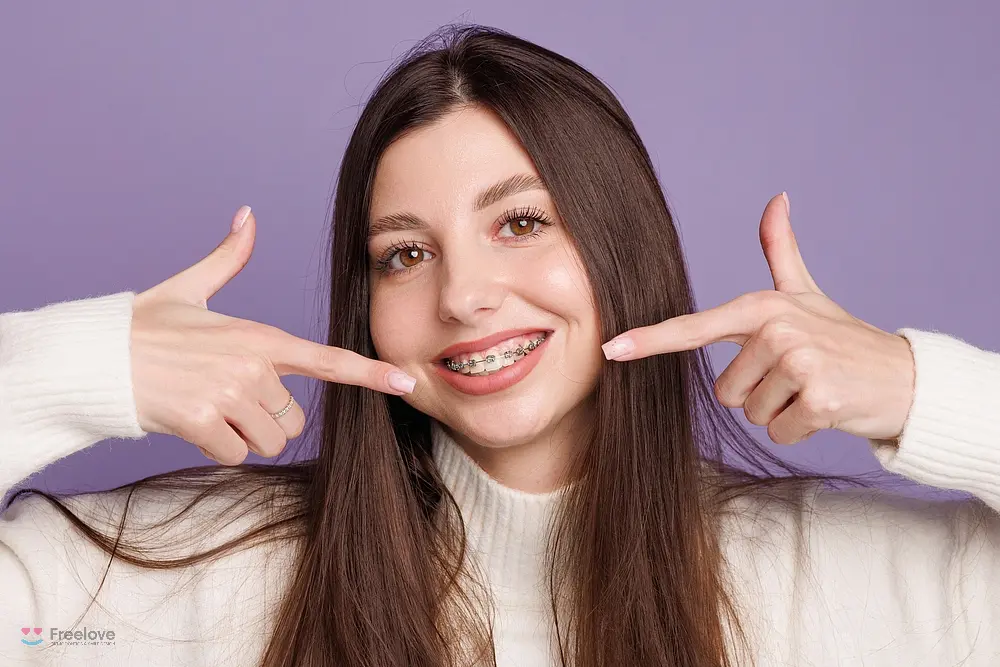 Young woman pointing at her teeth with both hands and smiling after understanding how long do braces take in Kent and Sammamish, WA