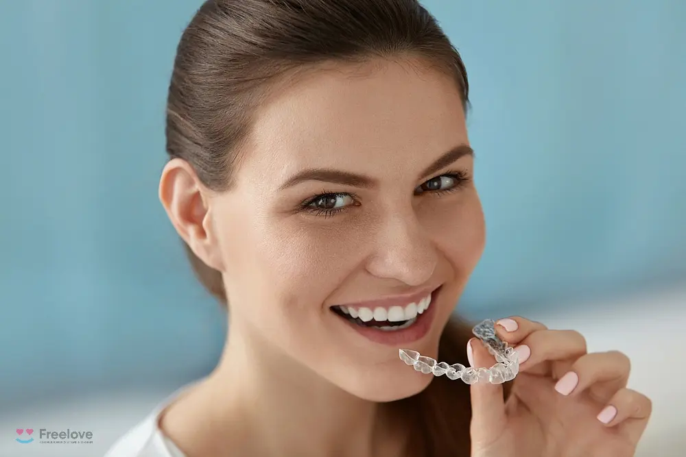 Young woman holding Invisalign clear aligners and smiling after understanding does insurance cover invisalign in Kent and Sammamish, WA.