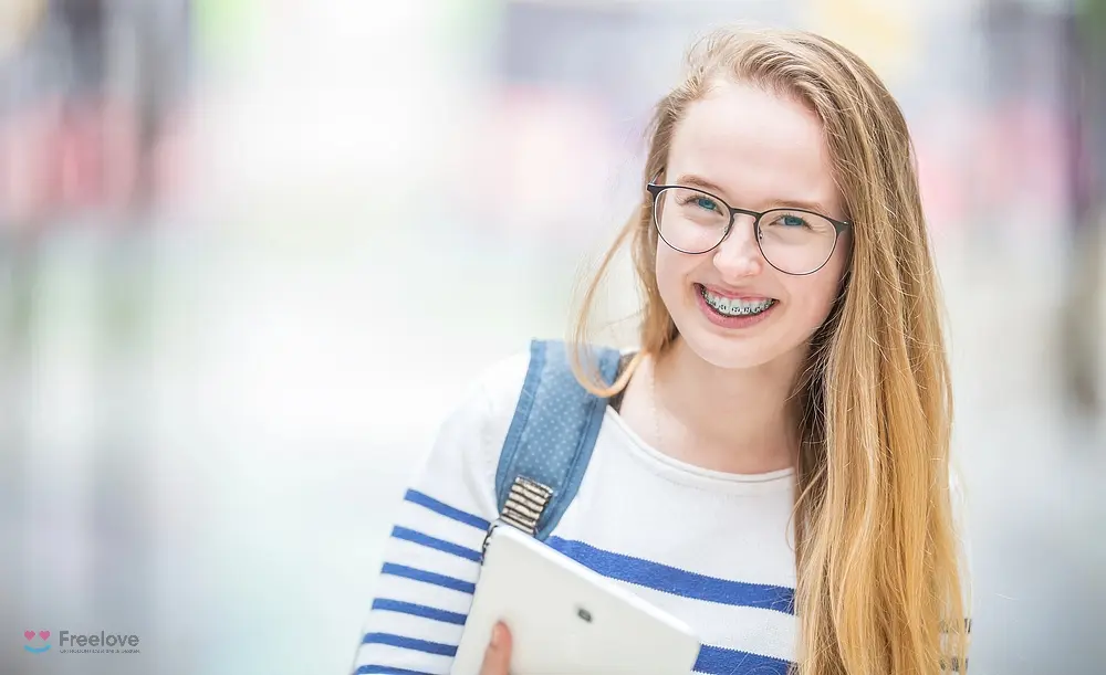 A young person with long blonde hair, glasses, and braces for overbite in Kent and Sammamish, WA, wearing a striped shirt and backpack, smiles while holding a tablet.